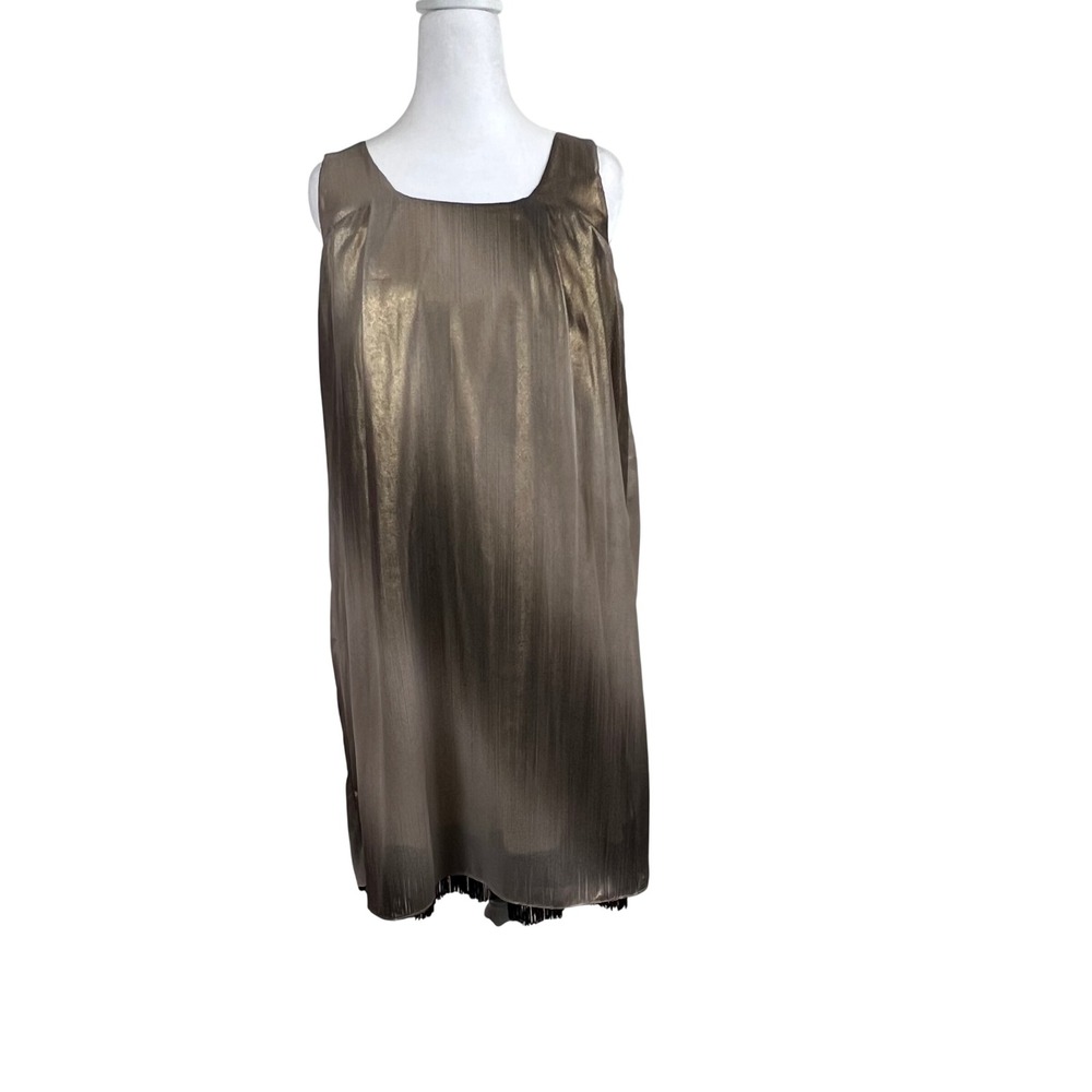 KANYA Metallic Ombre Fringe Dress‎ Medium Made in USA Sheer Overlay